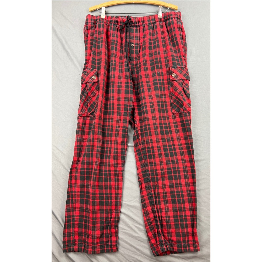 Duluth Trading Co Pajama Pants Mens L x 32 Cargo Flannel Red Black Plaid Good